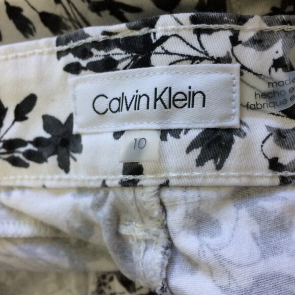 Calvin Klein Pants Ankle Black White Floral Print Cotton Stretch 4 Pockets Sz 10 - Picture 3 of 6